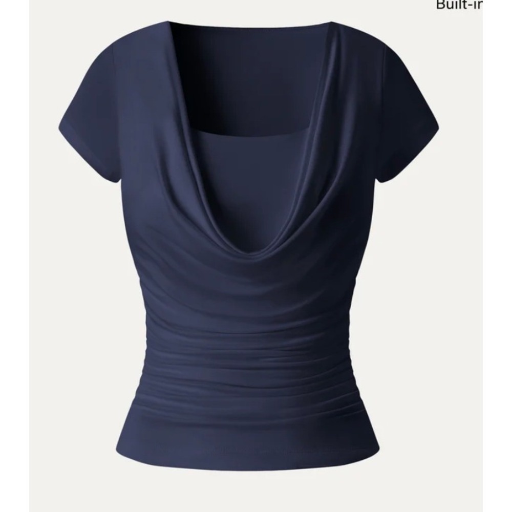 OGL Eco-SkinKiss® Smoothing Cowl Neck Ruched Bra Top Large Navy Blue NEW
